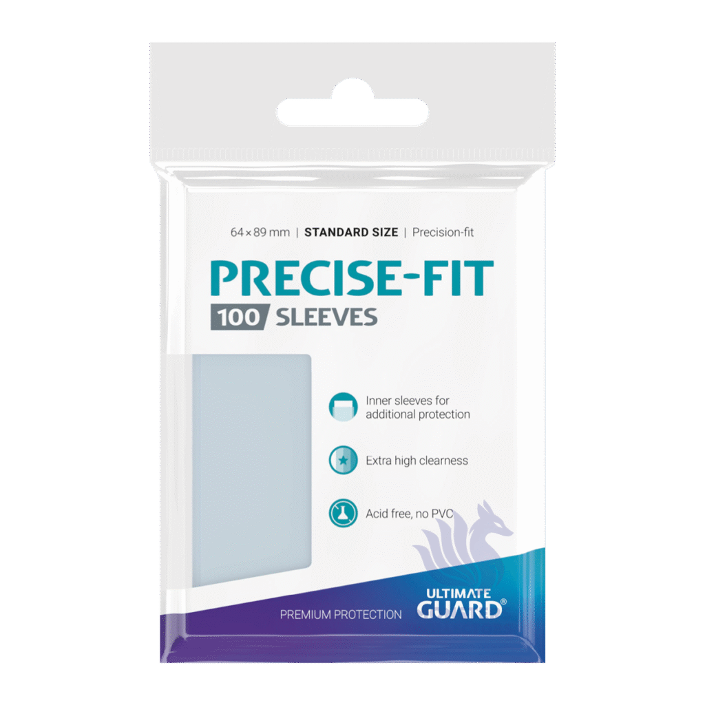 Paquete de 100 fundas de Ultimate Guard para cartas precise fit.